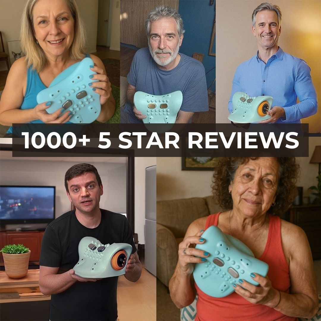 Collage of five people holding a blue device with text '1000+ 5 Star Reviews'.